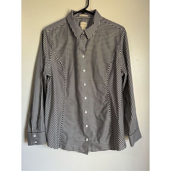 NEW Chicos 100% cotton Womens No Iron Striped Button Shirt sz 2 Breathable Light - Picture 2 of 5